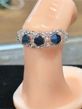 Handcrafted Silver Beaded Ring with Navy Blue Stones